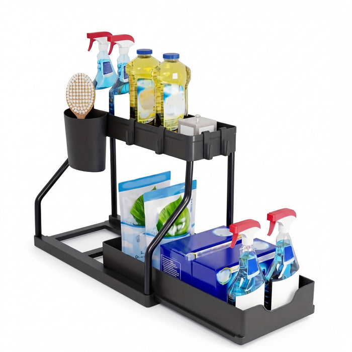 2-Tier Pull-Out Drawer Organiser — Foldable Plastic Storage for Kitchen & Bathroom