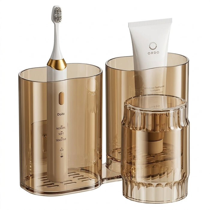 2 Sets Wall-Mounted Toothbrush Holders with Mouthwash Cups — Plastic Bathroom Storage