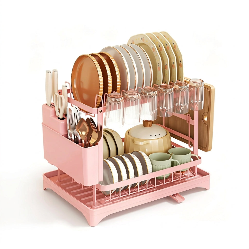 2-Tier Metal Dish Drainer with Draining Spout, Cutlery & Cup Holders
