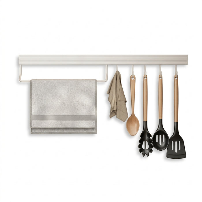 No-Punch Wall-Mounted Kitchen Rack with Movable Hook Spoon Holder — White Aluminium