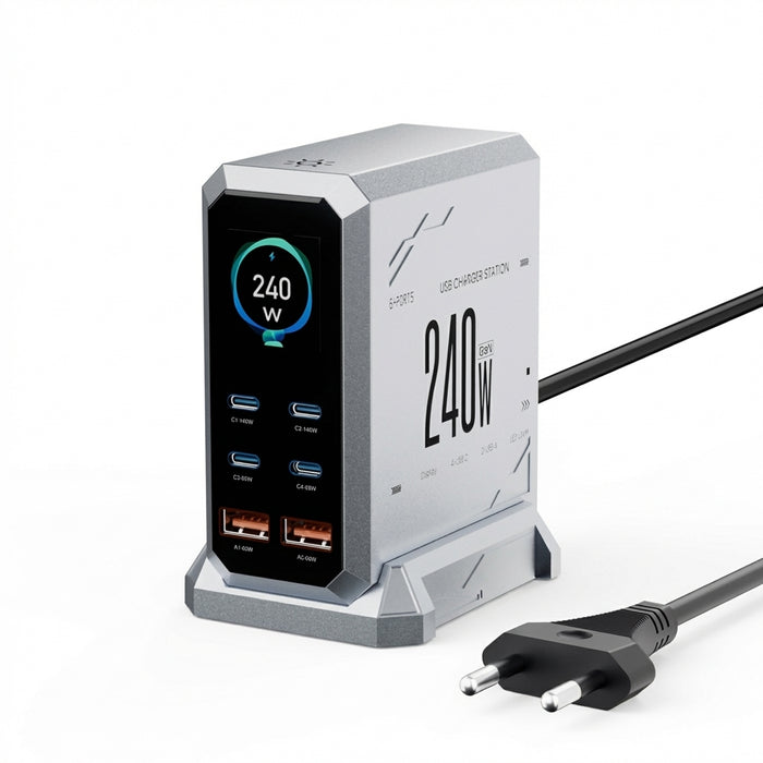 240W GaN 6-in-1 Charger — 140W PD3.1, Digital Display & Ambient Light (USB‑C / USB‑A)