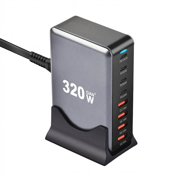 320W GaN Desktop Charger — 8‑Port USB‑C & USB‑A PD Station (Model 4C4A)