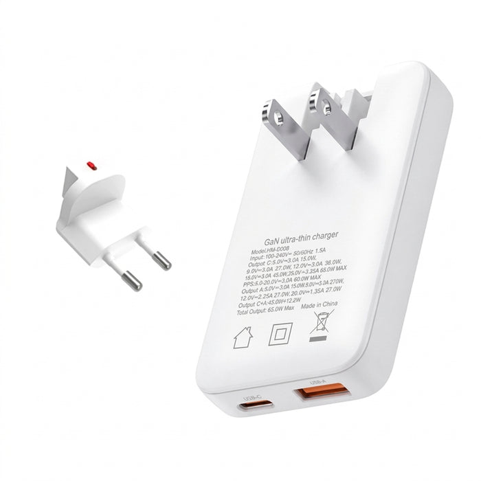 PD 65W Ultra-thin GaN Dual-Port Travel Charger with US/EU/UK/KR Interchangeable Plugs
