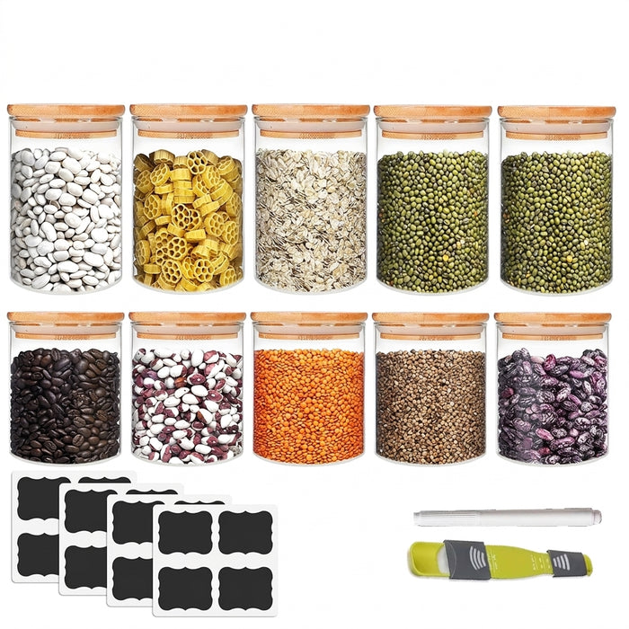 10-piece Glass Storage Jar Set — 5×250ml & 5×350ml with Airtight Bamboo Lids, Labels & Spoon