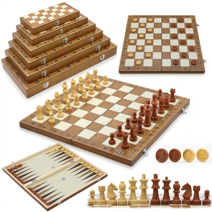 3‑in‑1 Foldable Wooden Travel Board — Chess, Checkers & Backgammon